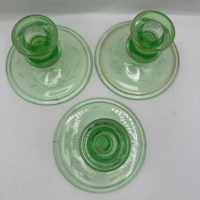 Vintage Uranium Glass Candlesticks Etched Floral Design
