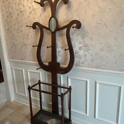 Antique Wooden Hall Tree with Mirror and Umbrella Stand