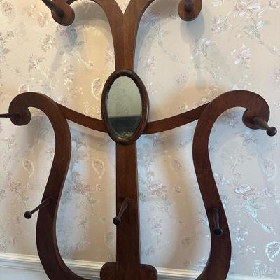Antique Wooden Hall Tree with Mirror and Umbrella Stand