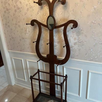 Antique Wooden Hall Tree with Mirror and Umbrella Stand