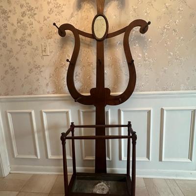 Antique Wooden Hall Tree with Mirror and Umbrella Stand