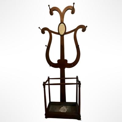 Antique Wooden Hall Tree with Mirror and Umbrella Stand