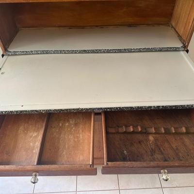1930s Hoosier Oak Kitchen Cabinet with Porcelain Top