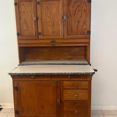 1930s Hoosier Oak Kitchen Cabinet with Porcelain Top