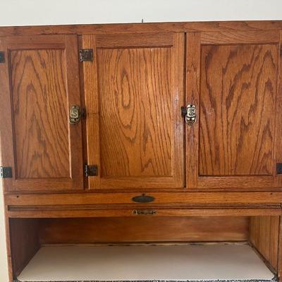 1930s Hoosier Oak Kitchen Cabinet with Porcelain Top
