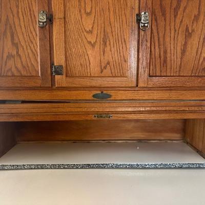 1930s Hoosier Oak Kitchen Cabinet with Porcelain Top