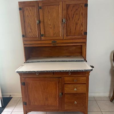 1930s Hoosier Oak Kitchen Cabinet with Porcelain Top