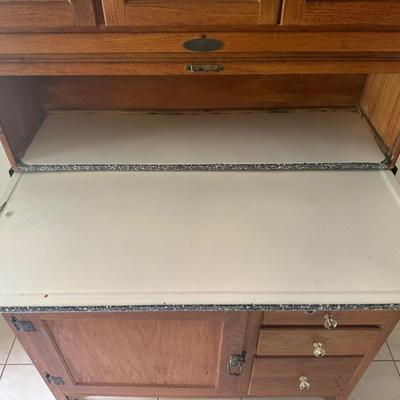 1930s Hoosier Oak Kitchen Cabinet with Porcelain Top