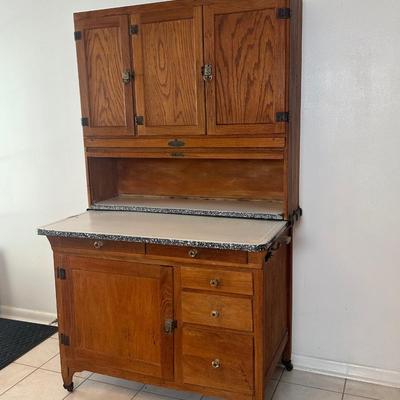 1930s Hoosier Oak Kitchen Cabinet with Porcelain Top