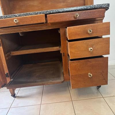 1930s Hoosier Oak Kitchen Cabinet with Porcelain Top