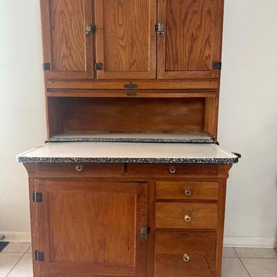 1930s Hoosier Oak Kitchen Cabinet with Porcelain Top