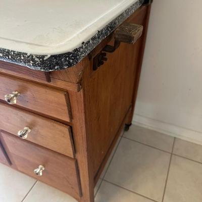 1930s Hoosier Oak Kitchen Cabinet with Porcelain Top