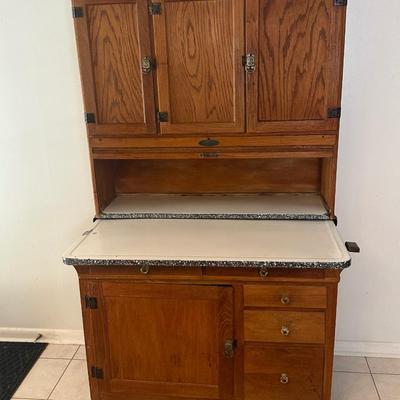 1930s Hoosier Oak Kitchen Cabinet with Porcelain Top