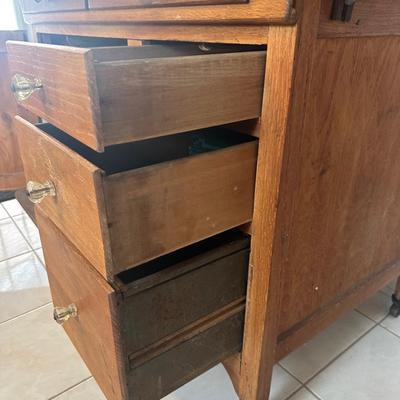 1930s Hoosier Oak Kitchen Cabinet with Porcelain Top