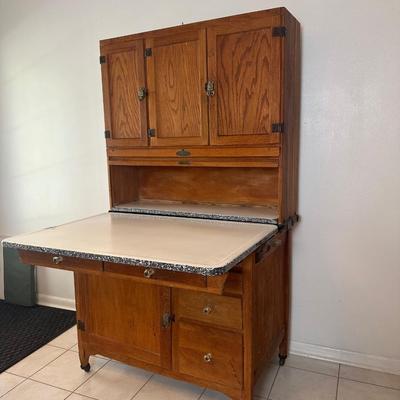 1930s Hoosier Oak Kitchen Cabinet with Porcelain Top