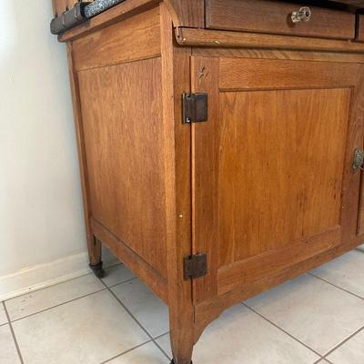 1930s Hoosier Oak Kitchen Cabinet with Porcelain Top