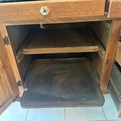 1930s Hoosier Oak Kitchen Cabinet with Porcelain Top