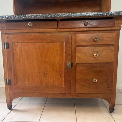 1930s Hoosier Oak Kitchen Cabinet with Porcelain Top