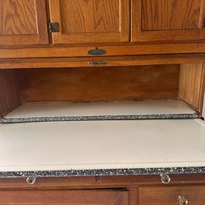 1930s Hoosier Oak Kitchen Cabinet with Porcelain Top