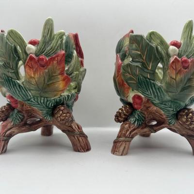 Fitz & Floyd Holly Leaf & Berry Ceramic Candle Holders