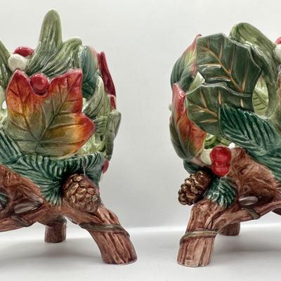 Fitz & Floyd Holly Leaf & Berry Ceramic Candle Holders