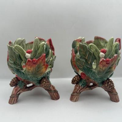 Fitz & Floyd Holly Leaf & Berry Ceramic Candle Holders