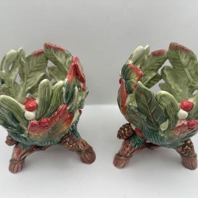 Fitz & Floyd Holly Leaf & Berry Ceramic Candle Holders