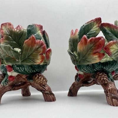 Fitz & Floyd Holly Leaf & Berry Ceramic Candle Holders