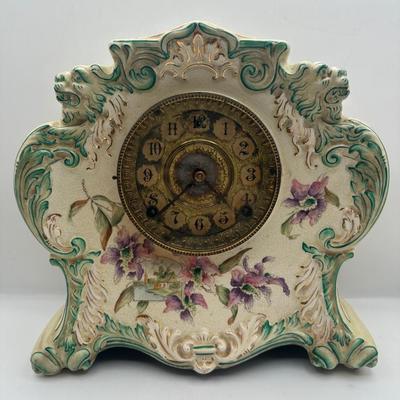 Antique Porcelain Mantel Clock with Floral Decoration