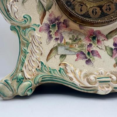 Antique Porcelain Mantel Clock with Floral Decoration