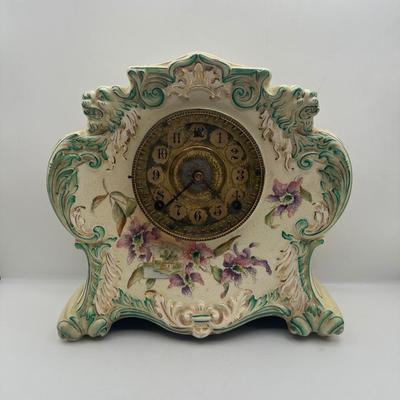 Antique Porcelain Mantel Clock with Floral Decoration