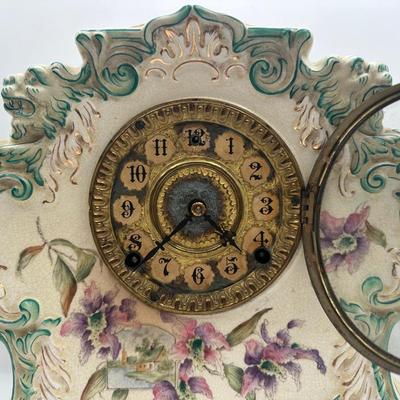Antique Porcelain Mantel Clock with Floral Decoration