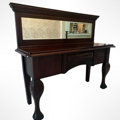 Antique Mahogany Queen Anne–Style Wood Sideboard with Framed Mirror