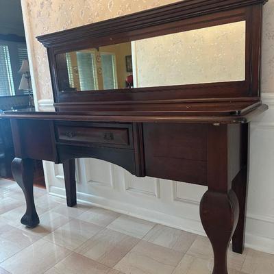 Antique Mahogany Queen Anne–Style Wood Sideboard with Framed Mirror
