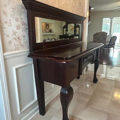 Antique Mahogany Queen Anne–Style Wood Sideboard with Framed Mirror