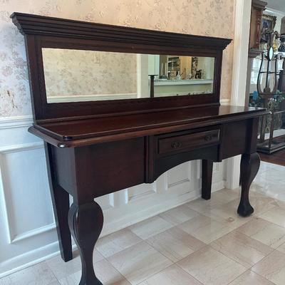Antique Mahogany Queen Anne–Style Wood Sideboard with Framed Mirror