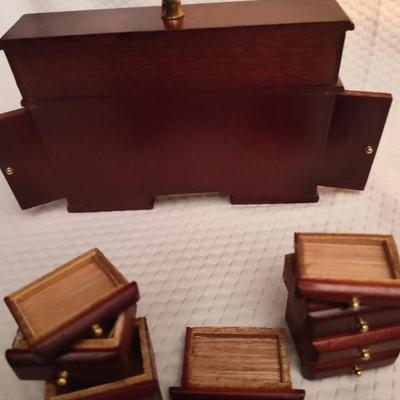 DOLLHOUSE FURNITURE, ROLL TOP DESK, CHAIR AND PHONE, COFFEE CUP, TYPEWRITER, AND KITTY