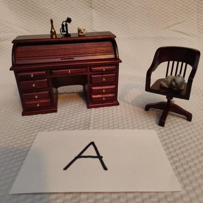 DOLLHOUSE FURNITURE, ROLL TOP DESK, CHAIR AND PHONE, COFFEE CUP, TYPEWRITER, AND KITTY