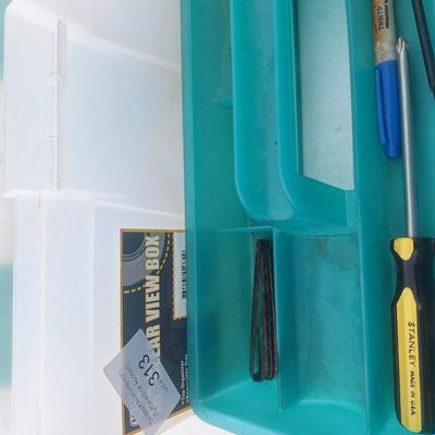 plastic toolbox with a few tools.