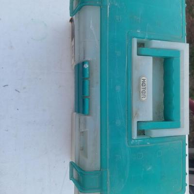 plastic toolbox with a few tools.