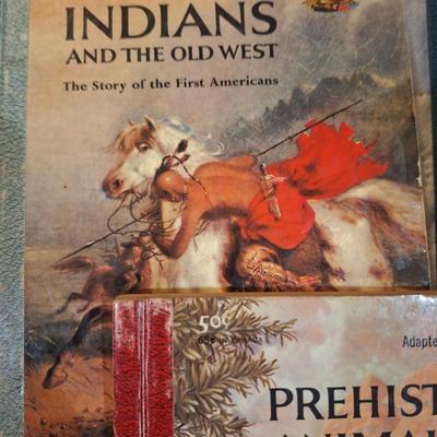 vintage book-"Prehistoric Animals," "Indians and the Old West," "The Sea," and "The Moon".