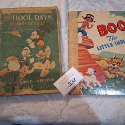  two vintage children's books, one titled School Days in Disney Ville and the other Boo the Little Indian. 