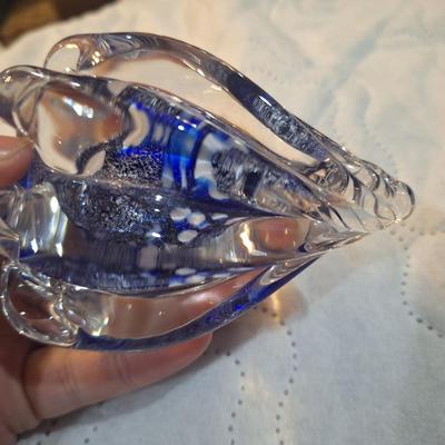 vintage hand blown shell shaped glass paperweight with blue center