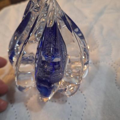 vintage hand blown shell shaped glass paperweight with blue center