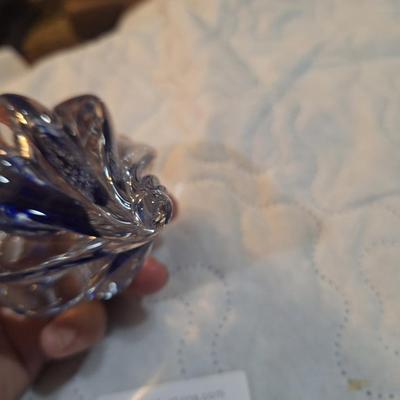 vintage hand blown shell shaped glass paperweight with blue center