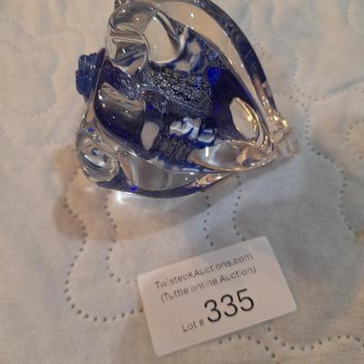 vintage hand blown shell shaped glass paperweight with blue center