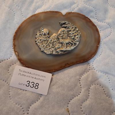 vintage agate slice with silver colored wilderness scene- wolf in the woods.