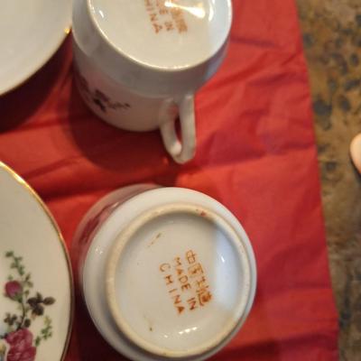 2 vintage teacups with pink roses- different shapes but same pattern