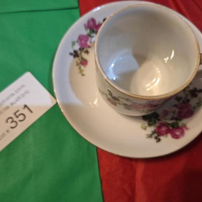 2 vintage teacups with pink roses- different shapes but same pattern