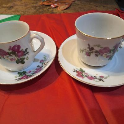 2 vintage teacups with pink roses- different shapes but same pattern